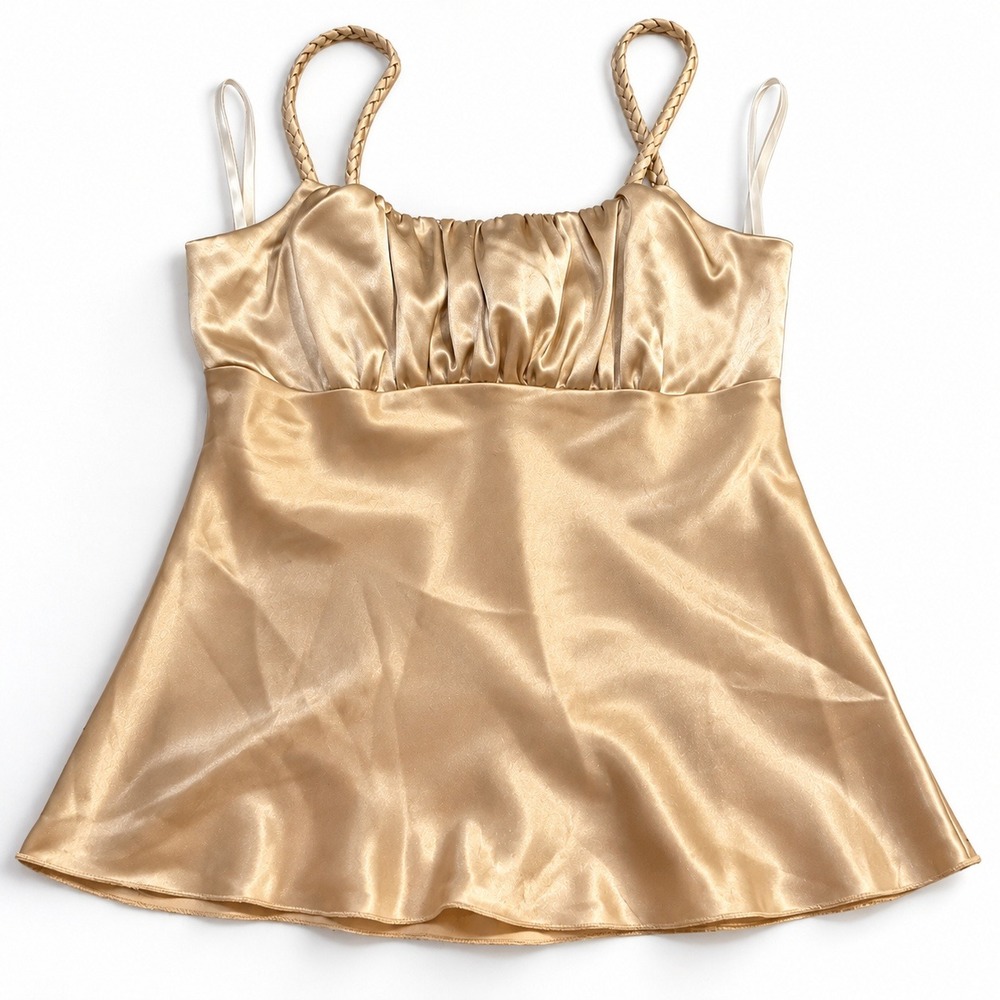 Y2K A. Byer Gold Satin Braided Strap Ruched Empire Waist Babydoll Camisole Top M